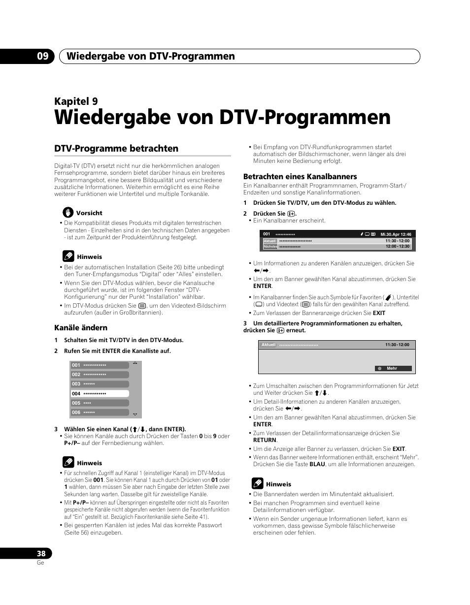 09 wiedergabe von dtv-programmen, Dtv-programme betrachten, Wiedergabe von dtv-programmen | Wiedergabe von dtv-programmen 09, Kapitel 9 | Pioneer PDP-SX5080D User Manual | Page 194 / 236