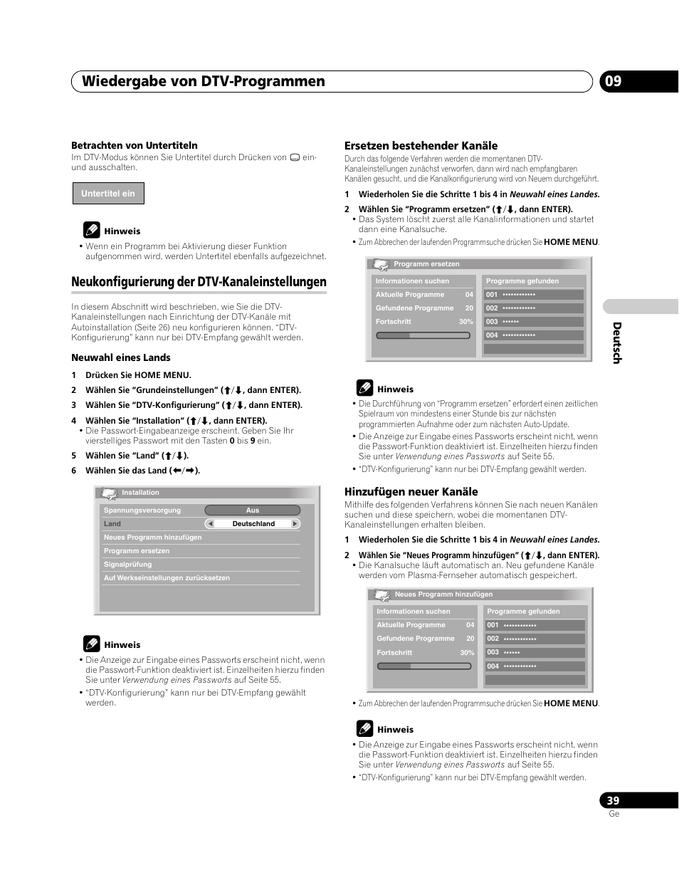 Neukonfigurierung der dtv-kanaleinstellungen, Wiedergabe von dtv-programmen 09, De utsch | Ersetzen bestehender kanäle, Hinzufügen neuer kanäle | Pioneer PDP-SX5080D User Manual | Page 195 / 236