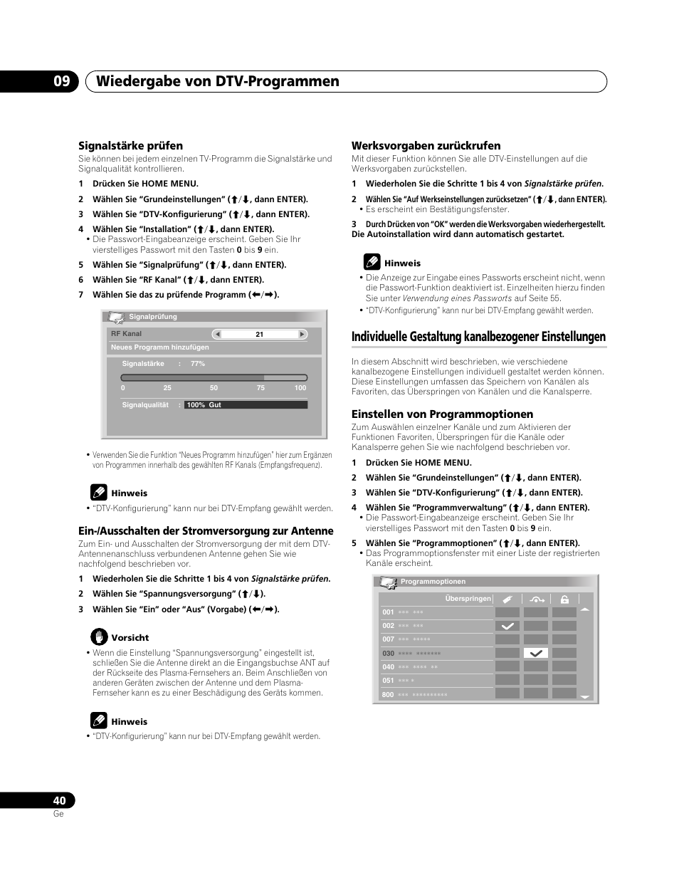 Individuelle gestaltung kanalbezogener, Einstellungen, Wiedergabe von dtv-programmen 09 | Pioneer PDP-SX5080D User Manual | Page 196 / 236