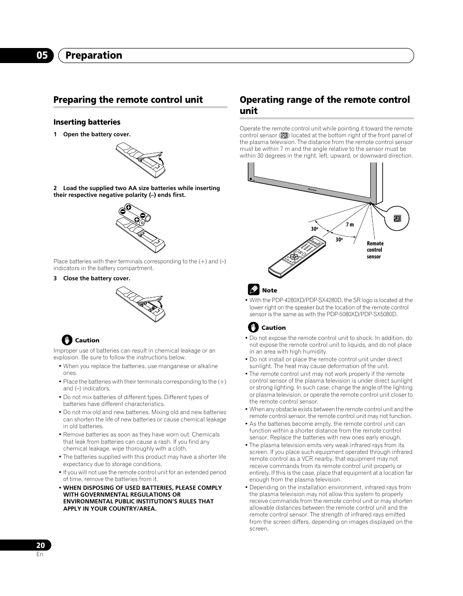 Preparation 05, Preparing the remote control unit, Operating range of the remote control unit | Pioneer PDP-SX5080D User Manual | Page 20 / 236