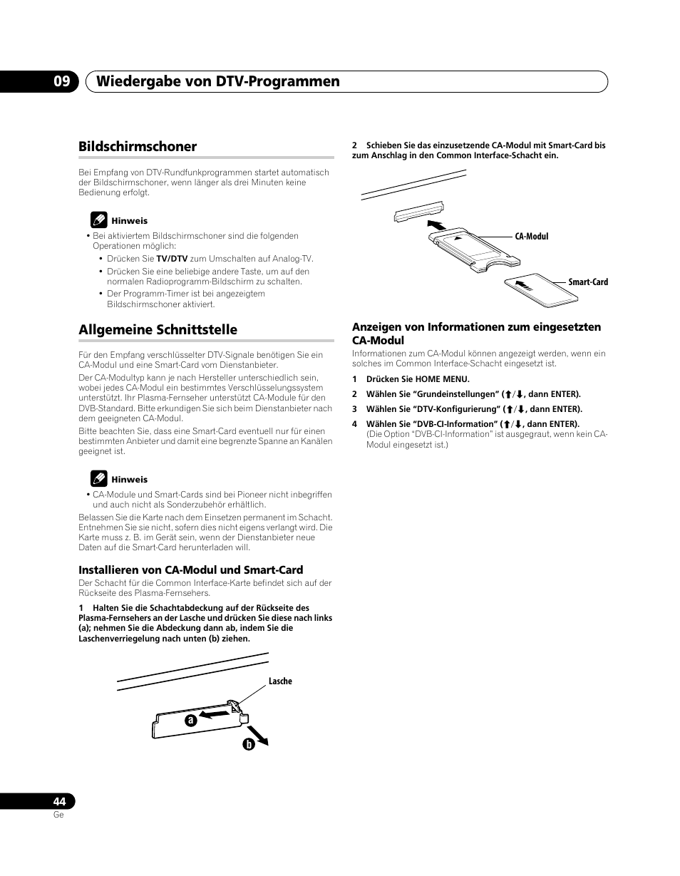 Bildschirmschoner, Allgemeine schnittstelle, Wiedergabe von dtv-programmen 09 | Pioneer PDP-SX5080D User Manual | Page 200 / 236