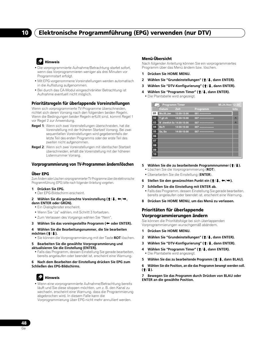 Prioritätsregeln für überlappende voreinstellungen, Vorprogrammierung von tv-programmen ändern/löschen | Pioneer PDP-SX5080D User Manual | Page 204 / 236