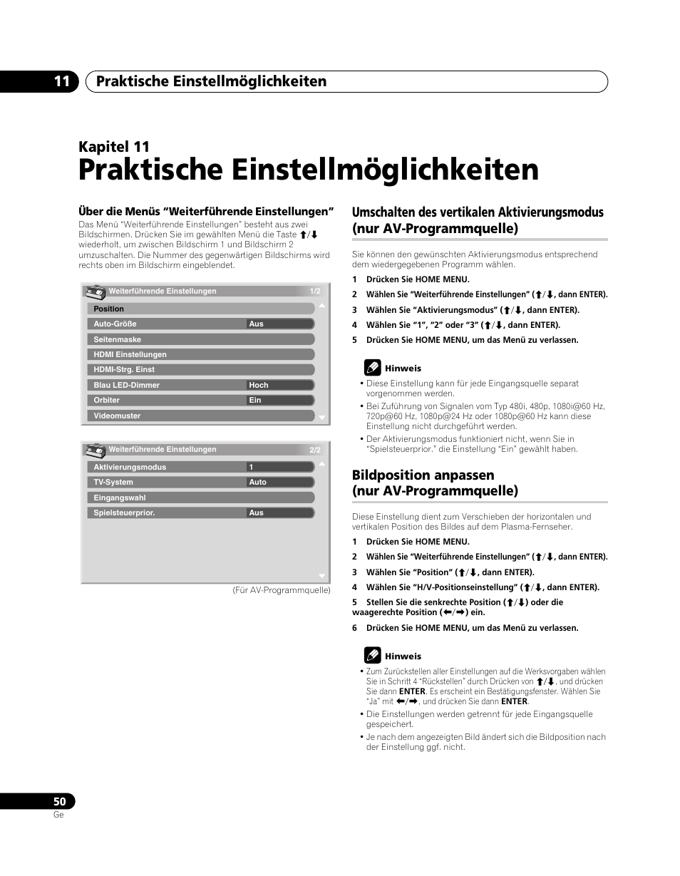 Umschalten des vertikalen aktivierungsmodus, Nur av-programmquelle), Bildposition anpassen | Praktische einstellmöglichkeiten, Praktische einstellmöglichkeiten 11, Kapitel 11, Bildposition anpassen (nur av-programmquelle) | Pioneer PDP-SX5080D User Manual | Page 206 / 236