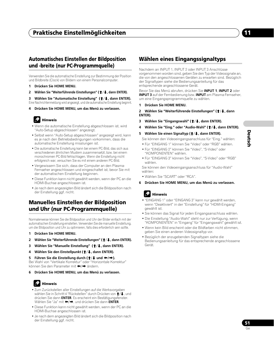 Nur pc-programmquelle), Manuelles einstellen der bildposition und uhr, Wählen eines eingangssignaltyps | Praktische einstellmöglichkeiten 11 | Pioneer PDP-SX5080D User Manual | Page 207 / 236