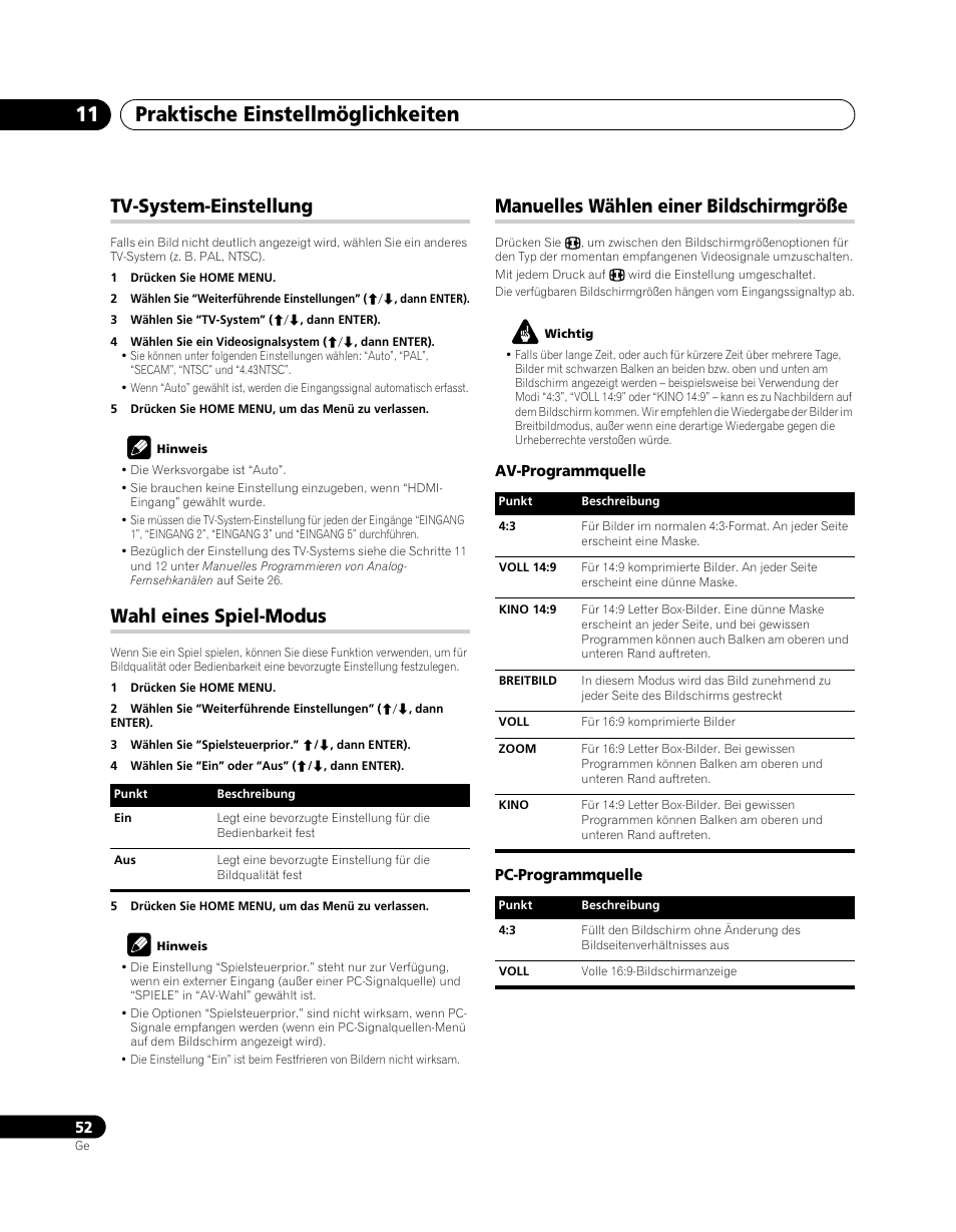 Praktische einstellmöglichkeiten 11, Tv-system-einstellung, Wahl eines spiel-modus | Manuelles wählen einer bildschirmgröße | Pioneer PDP-SX5080D User Manual | Page 208 / 236