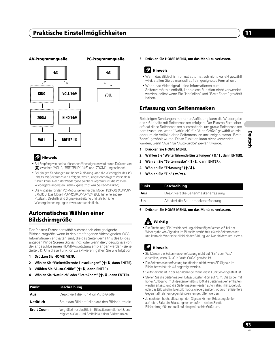 Praktische einstellmöglichkeiten 11, Automatisches wählen einer bildschirmgröße, Erfassung von seitenmasken | Pioneer PDP-SX5080D User Manual | Page 209 / 236