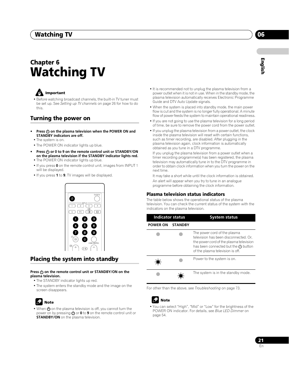 06 watching tv, Watching tv, Watching tv 06 | Chapter 6, Turning the power on, Placing the system into standby | Pioneer PDP-SX5080D User Manual | Page 21 / 236