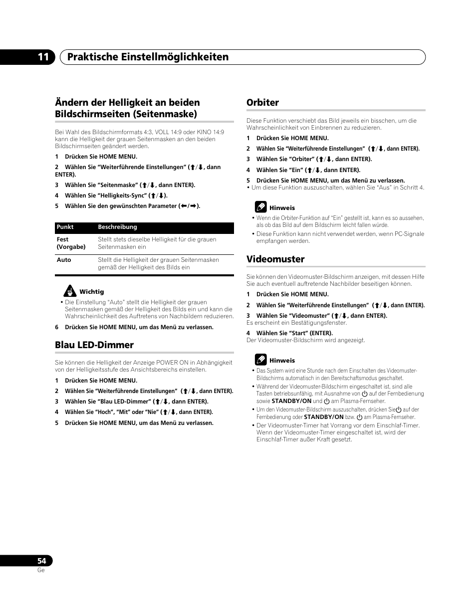 Ändern der helligkeit an beiden bildschirmseiten, Seitenmaske), Blau led-dimmer orbiter videomuster | Praktische einstellmöglichkeiten 11, Blau led-dimmer, Orbiter, Videomuster | Pioneer PDP-SX5080D User Manual | Page 210 / 236