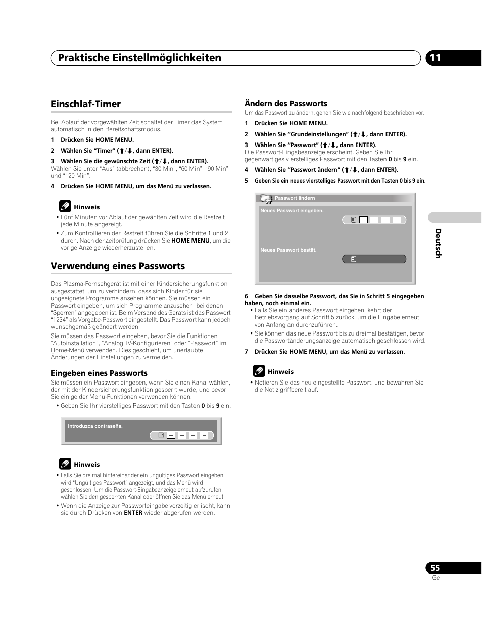 Einschlaf-timer verwendung eines passworts, Praktische einstellmöglichkeiten 11, Einschlaf-timer | Verwendung eines passworts | Pioneer PDP-SX5080D User Manual | Page 211 / 236