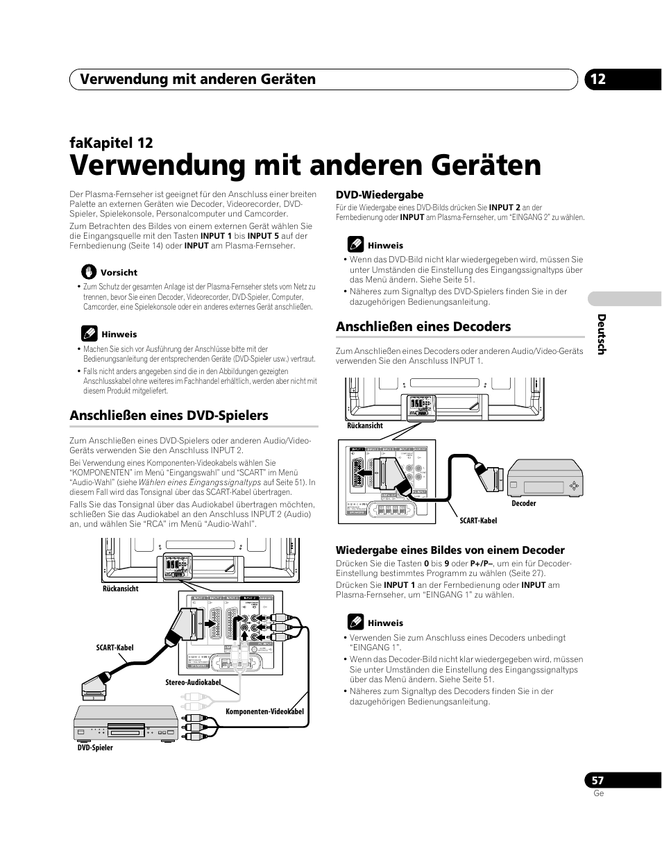 12 verwendung mit anderen geräten, Verwendung mit anderen geräten, Verwendung mit anderen geräten 12 | Fakapitel 12, Anschließen eines dvd-spielers, Anschließen eines decoders | Pioneer PDP-SX5080D User Manual | Page 213 / 236