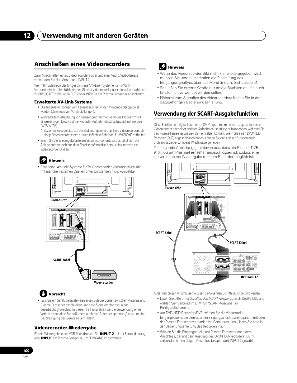 Verwendung mit anderen geräten 12, Anschließen eines videorecorders, Verwendung der scart-ausgabefunktion | Videorecorder-wiedergabe, Erweiterte av-link-systeme | Pioneer PDP-SX5080D User Manual | Page 214 / 236