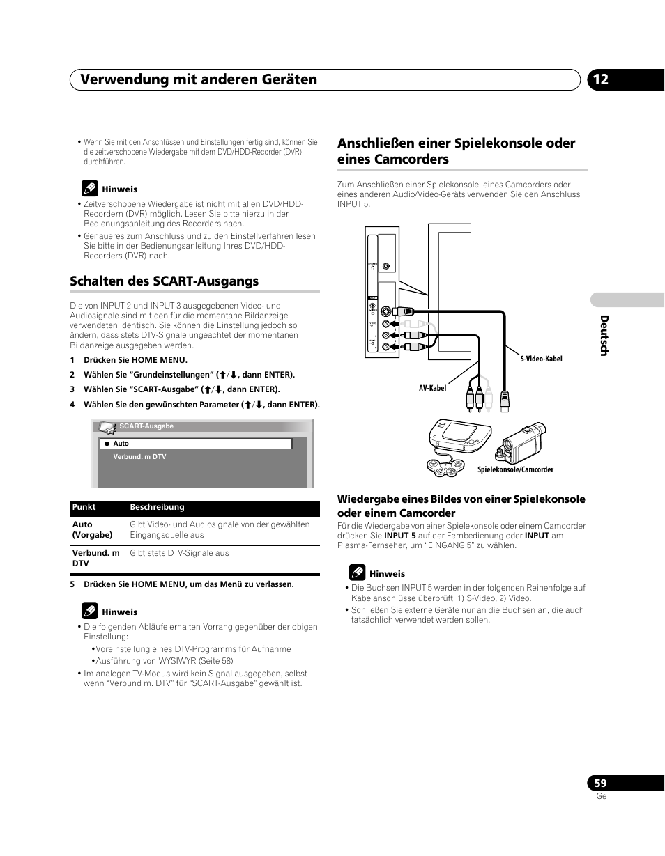 Camcorders, Verwendung mit anderen geräten 12, Schalten des scart-ausgangs | Pioneer PDP-SX5080D User Manual | Page 215 / 236