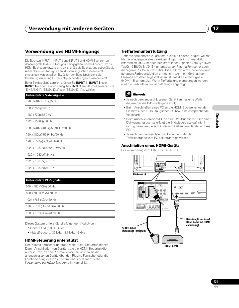 Verwendung des hdmi-eingangs, Verwendung mit anderen geräten 12 | Pioneer PDP-SX5080D User Manual | Page 217 / 236