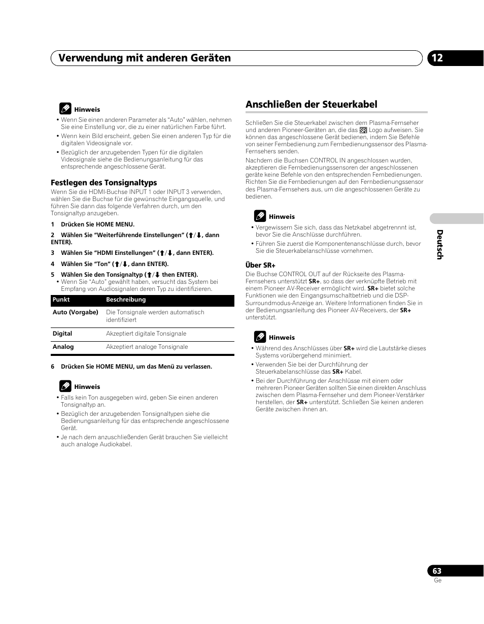 Anschließen der steuerkabel, Verwendung mit anderen geräten 12 | Pioneer PDP-SX5080D User Manual | Page 219 / 236