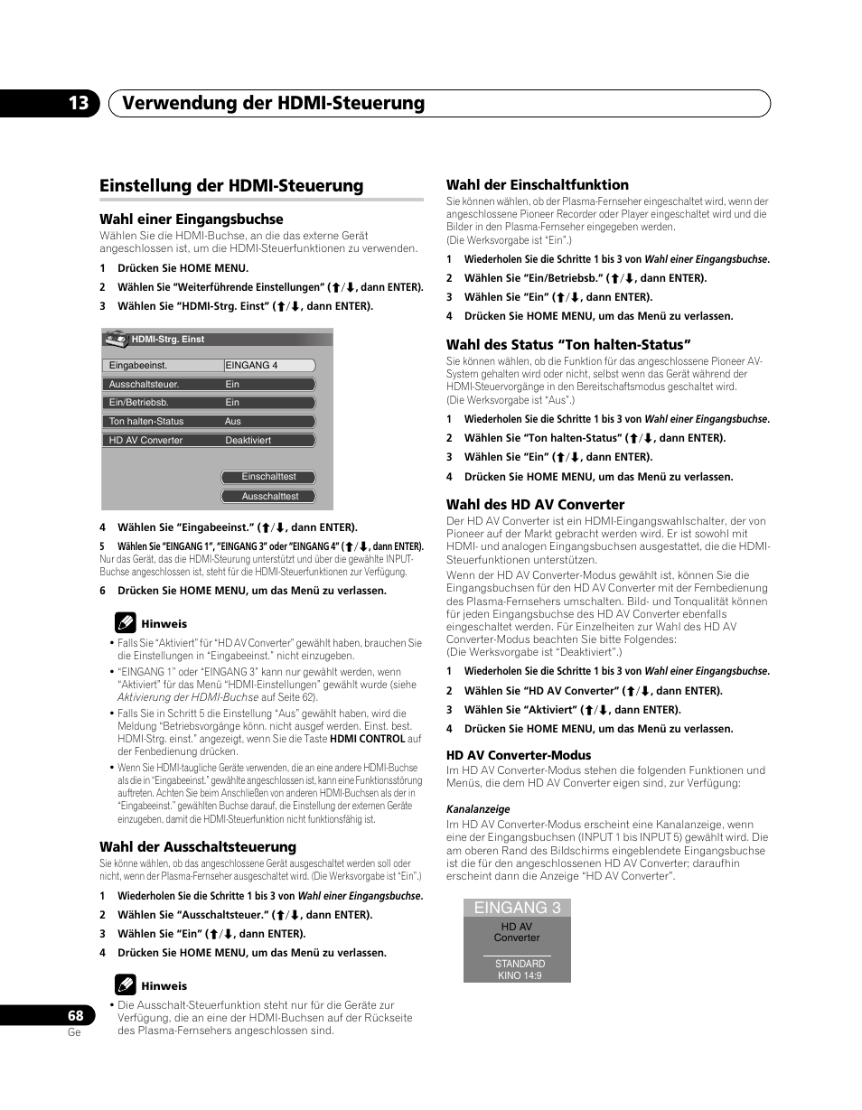 Einstellung der hdmi-steuerung, Verwendung der hdmi-steuerung 13, Eingang 3 | Pioneer PDP-SX5080D User Manual | Page 224 / 236