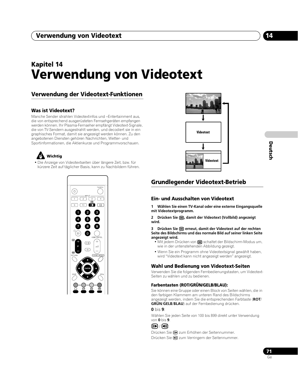 14 verwendung von videotext, Verwendung von videotext, Verwendung von videotext 14 | Kapitel 14, Verwendung der videotext-funktionen, Grundlegender videotext-betrieb | Pioneer PDP-SX5080D User Manual | Page 227 / 236