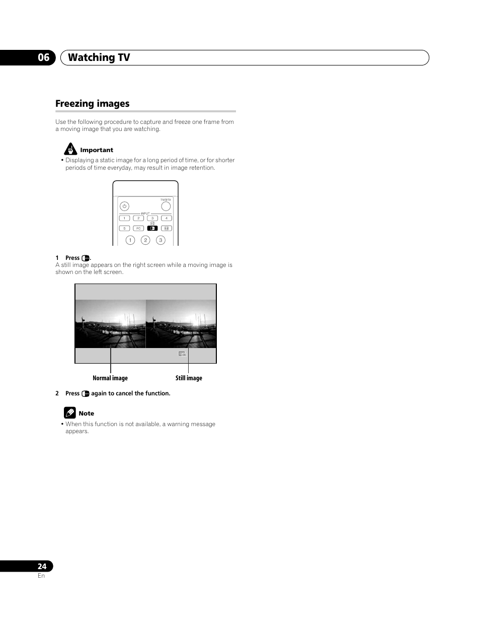 Freezing images, Watching tv 06 | Pioneer PDP-SX5080D User Manual | Page 24 / 236