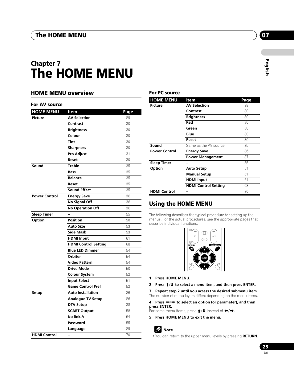 07 the home menu, Home menu overview using the home menu, The home menu | The home menu 07, Chapter 7, Home menu overview, Using the home menu | Pioneer PDP-SX5080D User Manual | Page 25 / 236