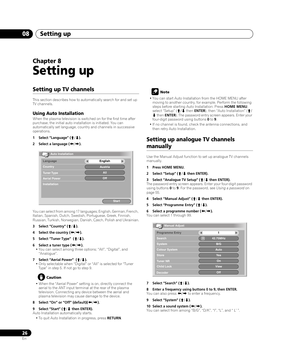 08 setting up, Setting up analogue tv channels, Setting | Setting up, Setting up 08, Chapter 8, Setting up tv channels, Setting up analogue tv channels manually | Pioneer PDP-SX5080D User Manual | Page 26 / 236