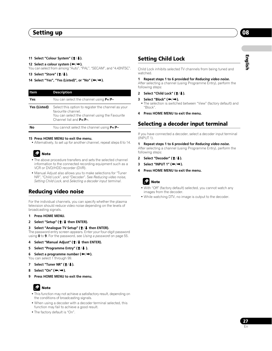 Setting up 08, Reducing video noise, Setting child lock | Selecting a decoder input terminal | Pioneer PDP-SX5080D User Manual | Page 27 / 236