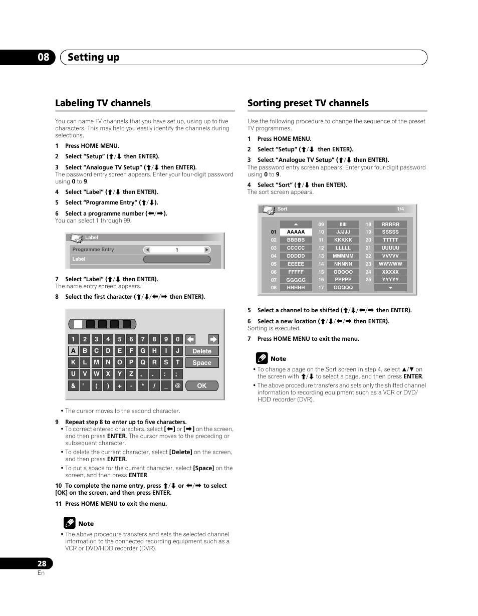 Labeling tv channels sorting preset tv channels, Setting up 08, Labeling tv channels | Sorting preset tv channels | Pioneer PDP-SX5080D User Manual | Page 28 / 236