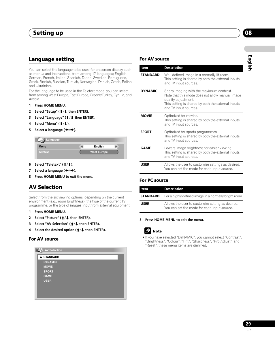 Language setting av selection, Setting up 08, Language setting | Av selection | Pioneer PDP-SX5080D User Manual | Page 29 / 236