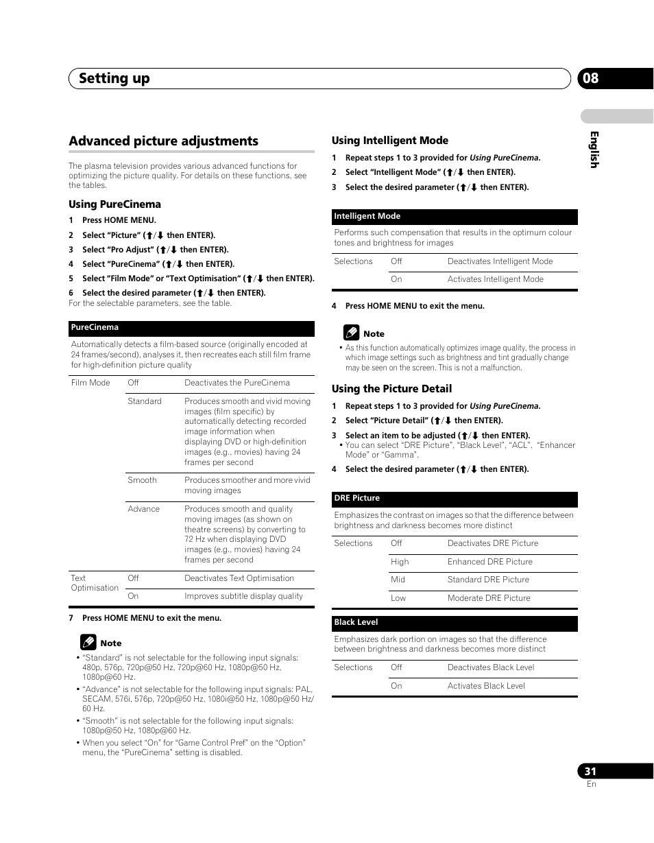 Advanced picture adjustments, Setting up 08 | Pioneer PDP-SX5080D User Manual | Page 31 / 236