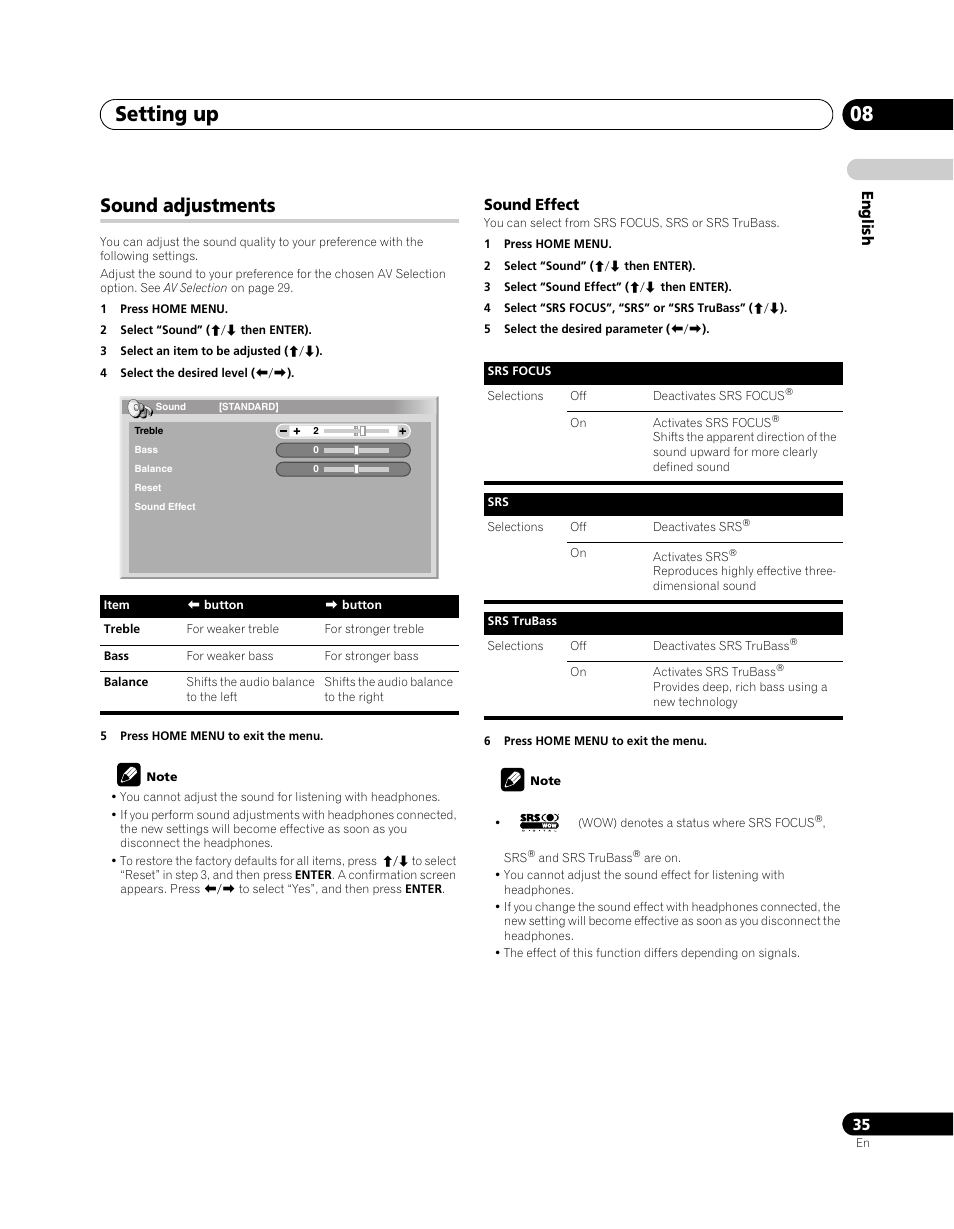 Sound adjustments, Setting up 08 | Pioneer PDP-SX5080D User Manual | Page 35 / 236