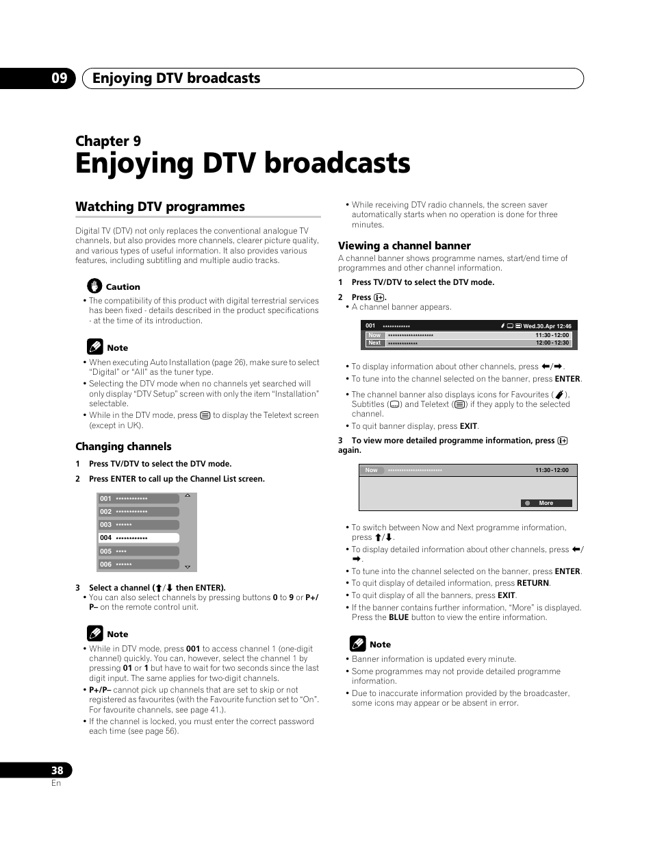 09 enjoying dtv broadcasts, Watching dtv programmes, Enjoying dtv broadcasts | Enjoying dtv broadcasts 09, Chapter 9 | Pioneer PDP-SX5080D User Manual | Page 38 / 236