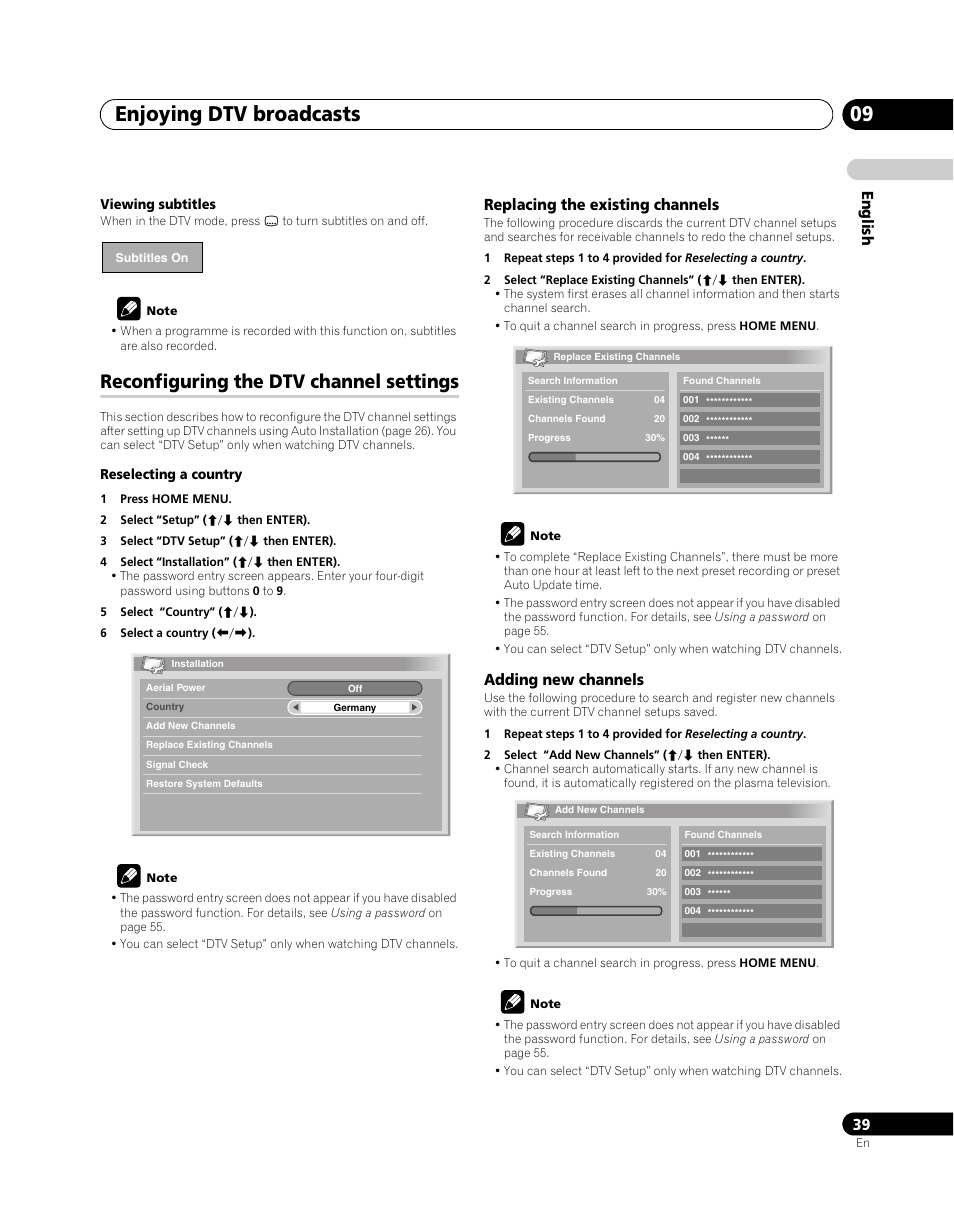 Reconfiguring the dtv channel settings, Enjoying dtv broadcasts 09, En glish | Replacing the existing channels, Adding new channels | Pioneer PDP-SX5080D User Manual | Page 39 / 236