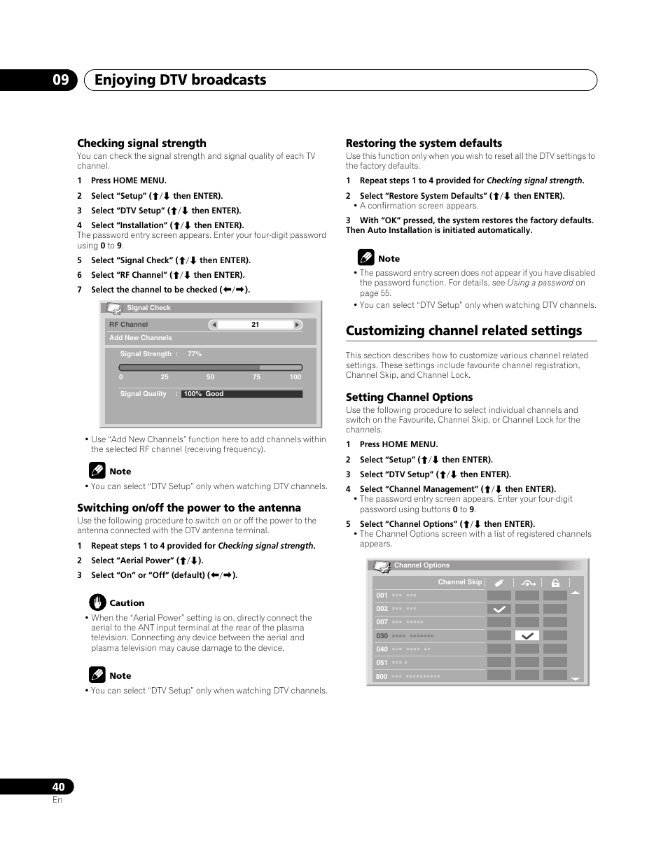 Customizing channel related settings, Enjoying dtv broadcasts 09 | Pioneer PDP-SX5080D User Manual | Page 40 / 236
