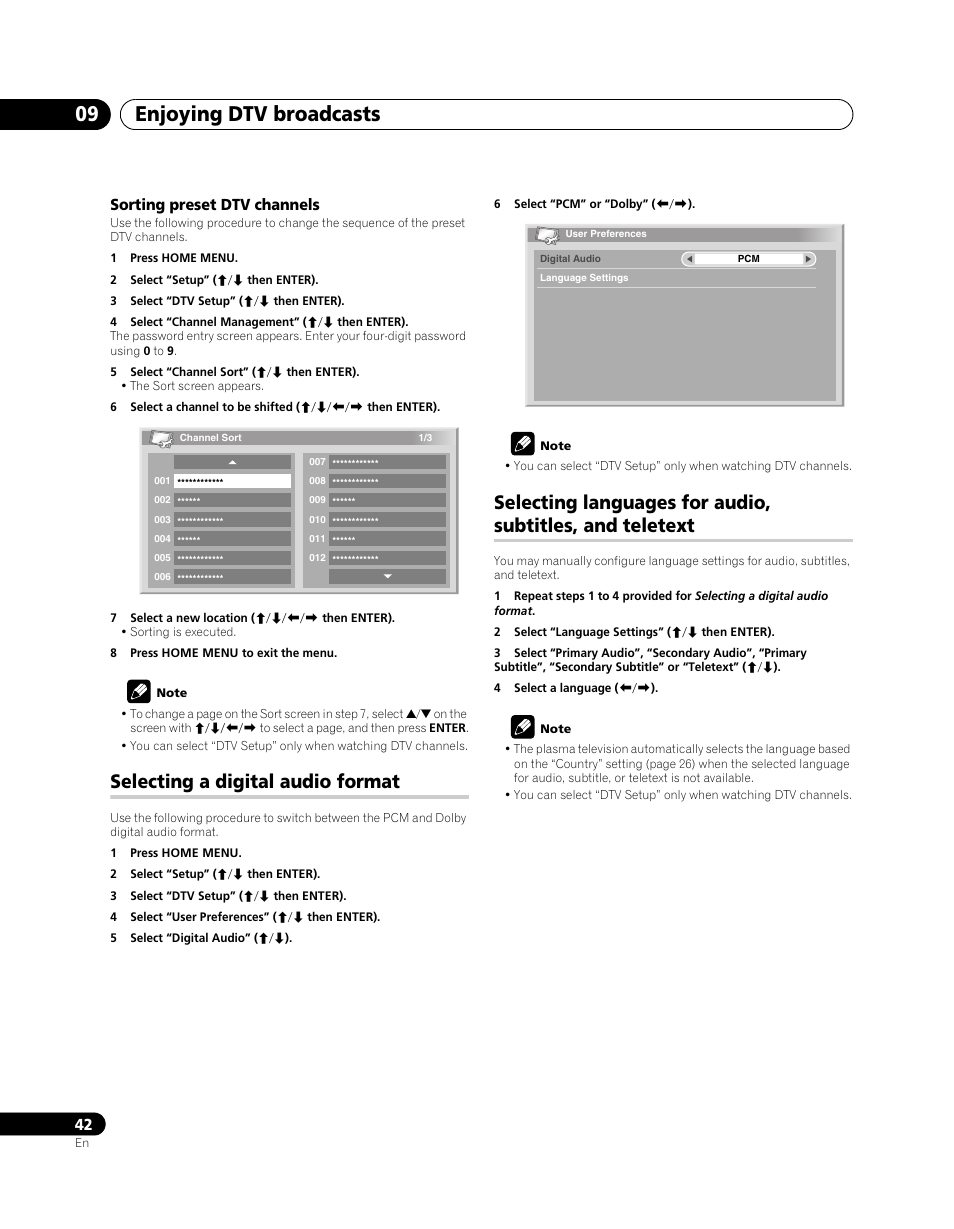 And teletext, Enjoying dtv broadcasts 09, Selecting a digital audio format | Sorting preset dtv channels | Pioneer PDP-SX5080D User Manual | Page 42 / 236