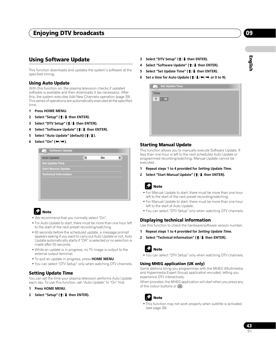 Using software update, Enjoying dtv broadcasts 09 | Pioneer PDP-SX5080D User Manual | Page 43 / 236