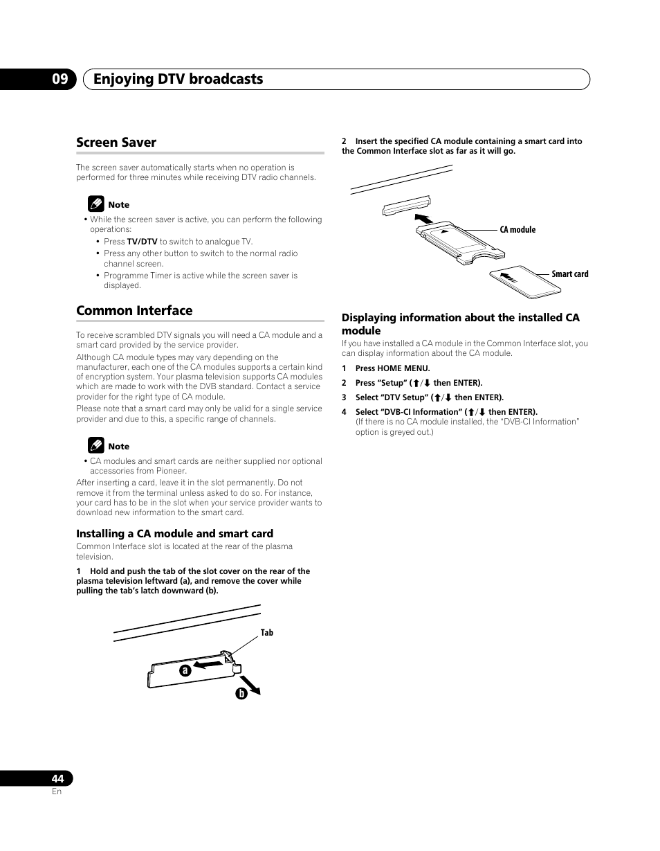 Screen saver common interface, Enjoying dtv broadcasts 09, Screen saver | Common interface | Pioneer PDP-SX5080D User Manual | Page 44 / 236