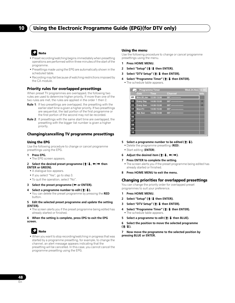 Priority rules for overlapped presettings, Changing/cancelling tv programme presettings, Changing priorities for overlapped presettings | Pioneer PDP-SX5080D User Manual | Page 48 / 236