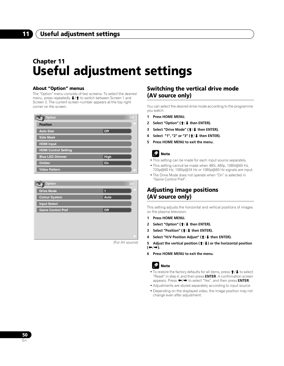 11 useful adjustment settings, Switching the vertical drive mode, Av source only) | Adjusting image positions, Useful adjustment settings, Useful adjustment settings 11, Chapter 11, Switching the vertical drive mode (av source only), Adjusting image positions (av source only) | Pioneer PDP-SX5080D User Manual | Page 50 / 236