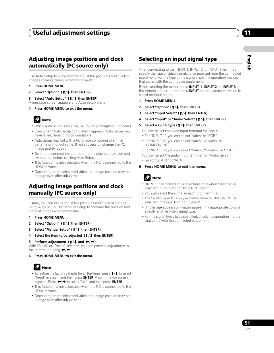 Adjusting image positions and clock automatically, Pc source only), Adjusting image positions and clock manually | Selecting an input signal type, Useful adjustment settings 11 | Pioneer PDP-SX5080D User Manual | Page 51 / 236