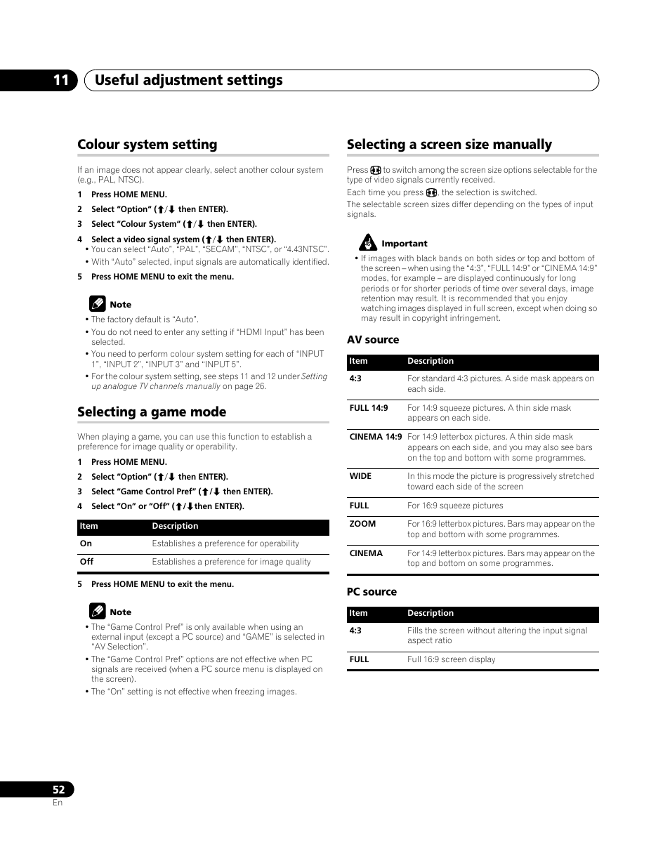 Useful adjustment settings 11, Colour system setting, Selecting a game mode | Selecting a screen size manually | Pioneer PDP-SX5080D User Manual | Page 52 / 236