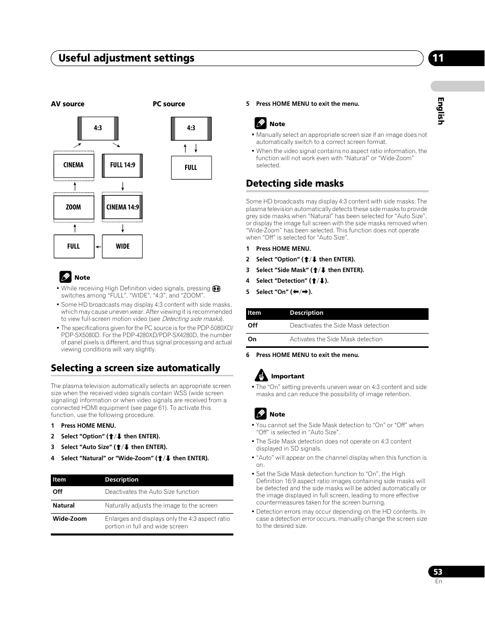 Detecting, Useful adjustment settings 11, Selecting a screen size automatically | Detecting side masks | Pioneer PDP-SX5080D User Manual | Page 53 / 236