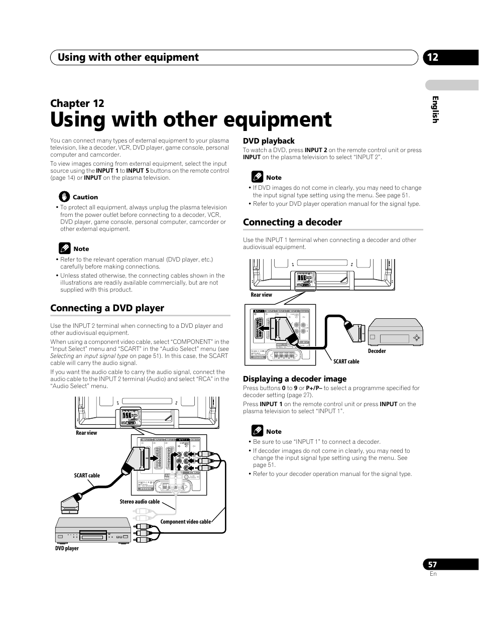 12 using with other equipment, Connecting a dvd player connecting a decoder, Using with other equipment | Using with other equipment 12, Chapter 12, Connecting a dvd player, Connecting a decoder | Pioneer PDP-SX5080D User Manual | Page 57 / 236