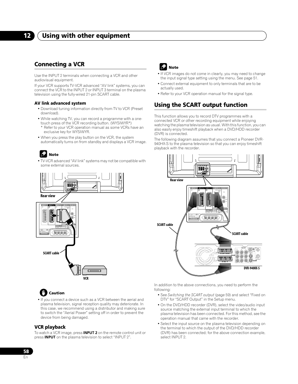 Connecting a vcr using the scart output function, Using with other equipment 12, Connecting a vcr | Using the scart output function, Vcr playback, Av link advanced system | Pioneer PDP-SX5080D User Manual | Page 58 / 236