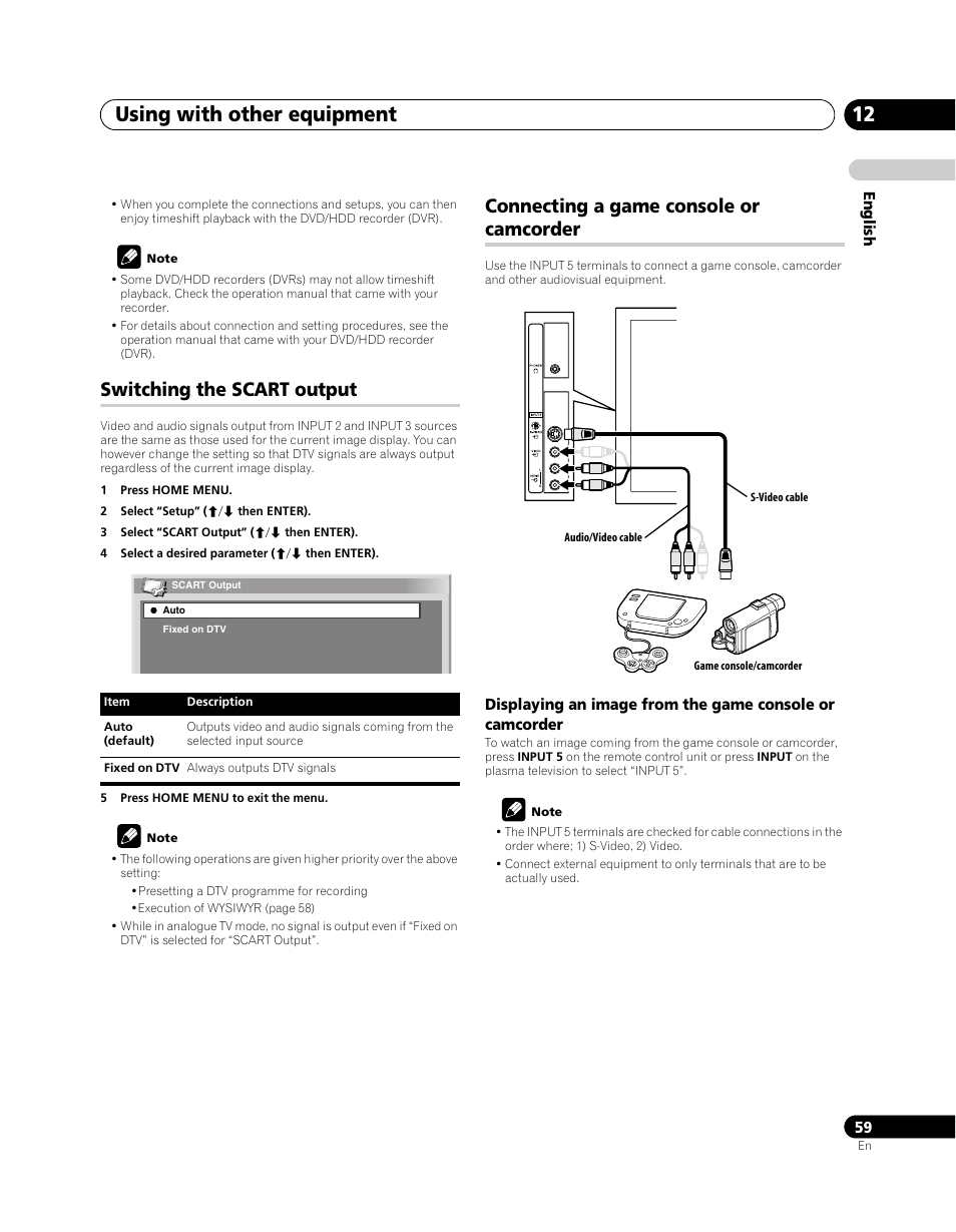 Using with other equipment 12, Switching the scart output, Connecting a game console or camcorder | Pioneer PDP-SX5080D User Manual | Page 59 / 236