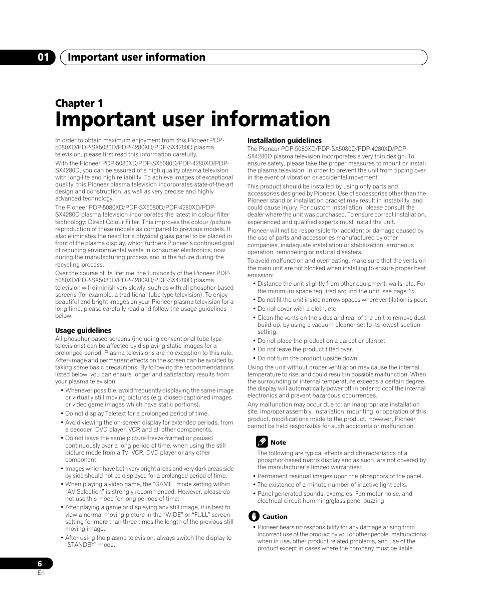 01 important user information, Important user information, Important user information 01 | Chapter 1 | Pioneer PDP-SX5080D User Manual | Page 6 / 236
