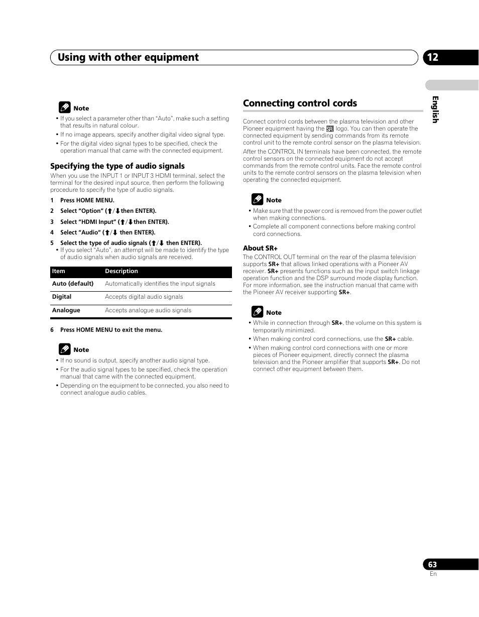 Connecting control cords, Using with other equipment 12 | Pioneer PDP-SX5080D User Manual | Page 63 / 236