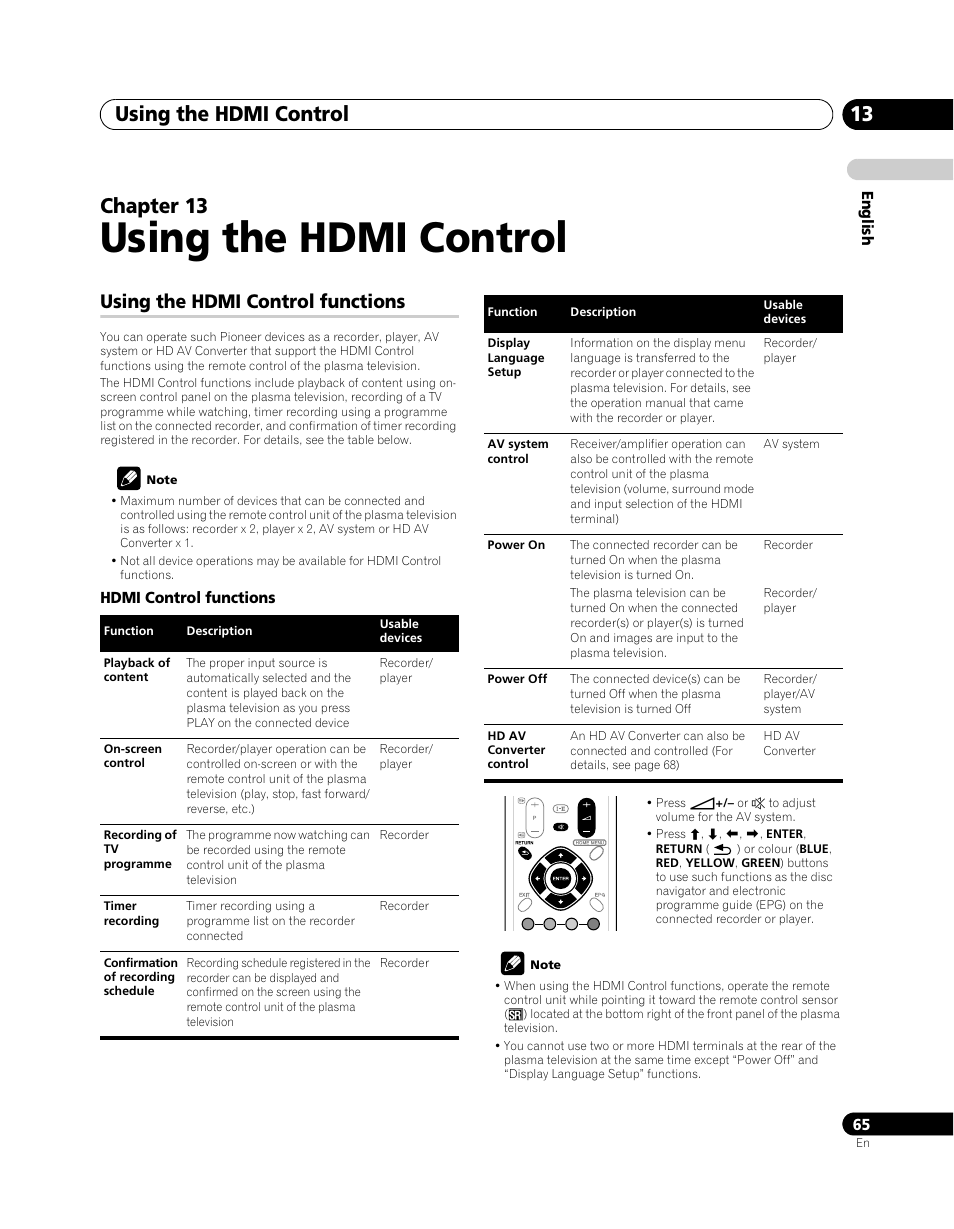 13 using the hdmi control, Using the hdmi control functions, Using the hdmi control | Using the hdmi control 13, Chapter 13 | Pioneer PDP-SX5080D User Manual | Page 65 / 236