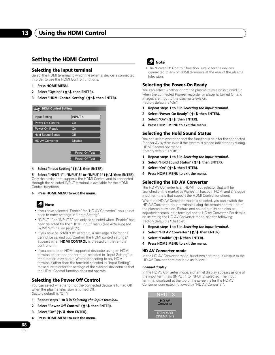 Setting the hdmi control, Using the hdmi control 13, Input 3 | Pioneer PDP-SX5080D User Manual | Page 68 / 236