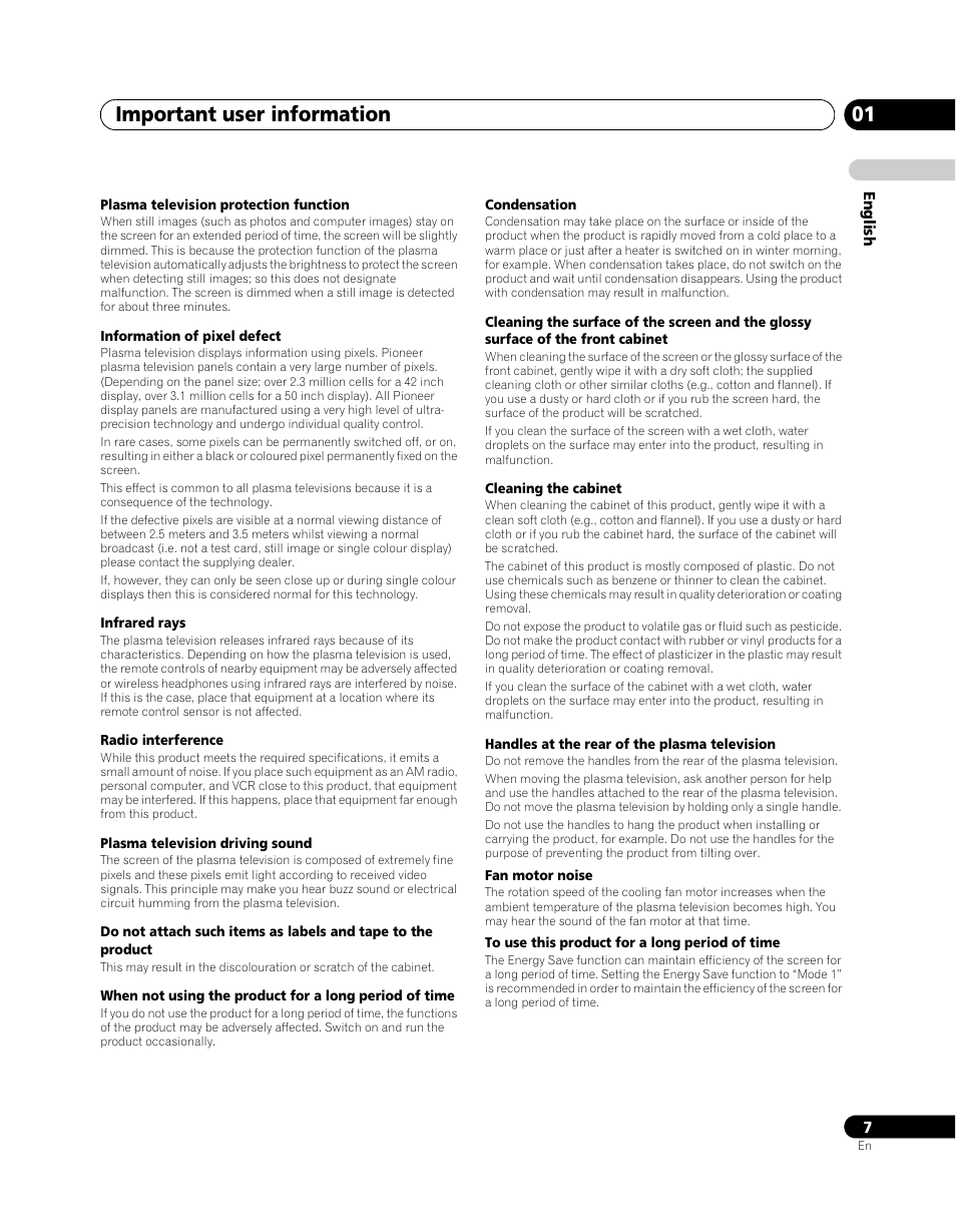 Important user information 01 | Pioneer PDP-SX5080D User Manual | Page 7 / 236
