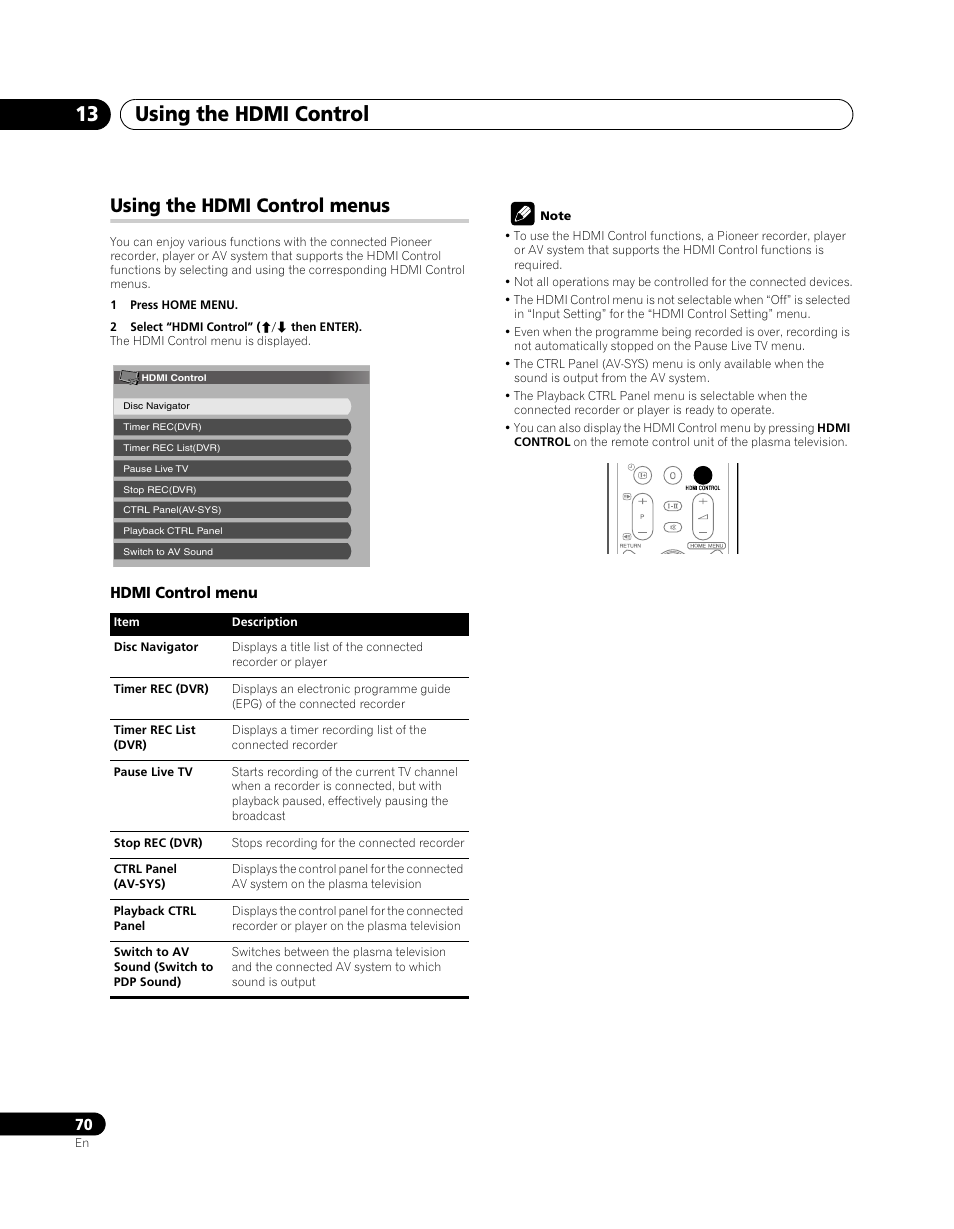Using the hdmi control menus, Using the hdmi control 13 | Pioneer PDP-SX5080D User Manual | Page 70 / 236