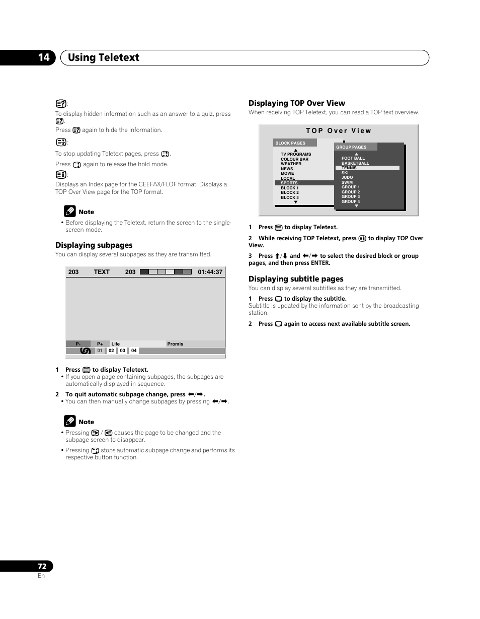 Using teletext 14 | Pioneer PDP-SX5080D User Manual | Page 72 / 236