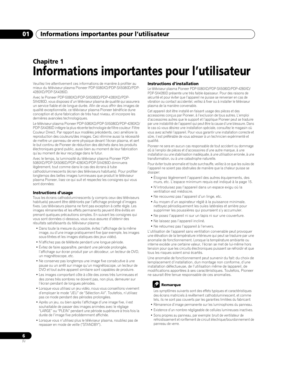 01 informations importantes pour, L’utilisateur, Informations importantes pour l’utilisateur | Informations importantes pour l’utilisateur 01, Chapitre 1 | Pioneer PDP-SX5080D User Manual | Page 84 / 236